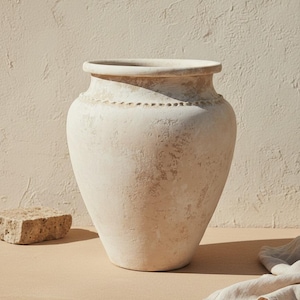 Pode incluir: Um vaso grande de cerâmica esbranquiçada com superfície texturizada. O vaso tem um corpo largo e arredondado que se estreita em direção à base e uma borda ligeiramente alargada. Um padrão pontilhado decorativo circunda o pescoço. Uma pequena pedra e um pano de linho estão por perto.