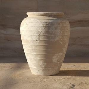 Könnte beinhalten: Eine beige Keramikvase mit breitem Körper und schmalem Hals. Die Vase hat horizontale Rillen und eine abgenutzte, strukturierte Oberfläche. Der Hintergrund ist eine hellbraune, strukturierte Wand. Die Vase wird wahrscheinlich für die Inneneinrichtung verwendet.