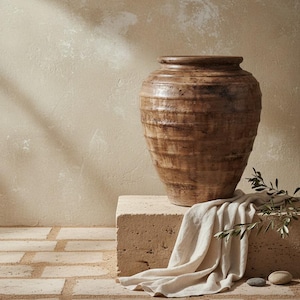 Peut inclure: Un grand vase en céramique marron texturé, à large ouverture, est posé sur un bloc de pierre. Un tissu blanc drape le bloc, avec une branche de verdure et de petites pierres à proximité. Le fond est beige neutre.