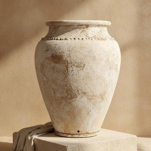 Può includere: Una grande urna beige testurizzata con un bordo largo e una fascia decorativa a perline attorno al collo. La superficie presenta una finitura usurata e screziata nei toni del crema e del marrone, con un piccolo foro di drenaggio circolare.