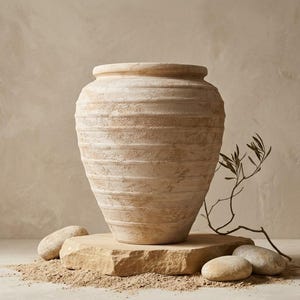 Könnte beinhalten: Ein großes, beiges Keramikgefäß mit strukturierter Oberfläche, einem bauchigen Körper und einem dicken, ausgeprägten Rand. Die Außenseite ist mit horizontalen, erhabenen Rillen versehen und besitzt ein mattes, verwittertes, sandfarbenes Finish.