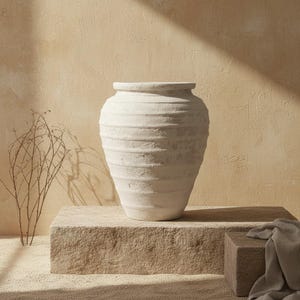 Könnte beinhalten: Eine große, cremefarbene, strukturierte Keramikvase mit horizontalen Rillen. Die Vase steht auf einem hellen Steinblock, mit einem kleineren Block und drapiertem Stoff in der Nähe. Der Hintergrund ist ein neutrales Beige.