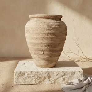 Peut inclure: Un grand vase en terre cuite beige à la texture granuleuse, doté d'un corps large et arrondi ainsi que d'un rebord épais et proéminent. La surface présente des stries horizontales et une finition mate vieillie, offrant un aspect naturel.