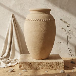 Op de afbeelding: Een grote, beige, getextureerde keramische vaas met een rond lichaam en een dikke, uitlopende rand. De vaas is voorzien van een decoratief, touwachtig reliëfpatroon rond het bovenste gedeelte, net onder de hals, met een matte, aardse afwerking.