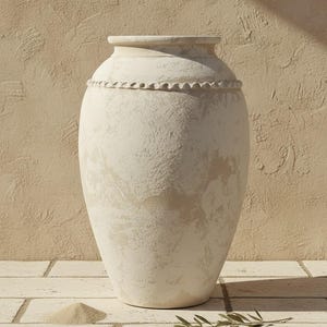 May include: A large, off-white ceramic vase with a textured surface and a scalloped rim. The vase is set against a beige wall and a light-colored brick floor. A small pile of sand and a sprig of greenery are in the foreground.