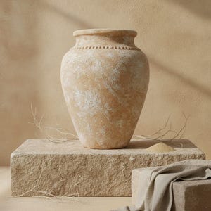 Può includere: Un vaso in terracotta con una finitura strutturata e usurata nei toni del marrone chiaro e del bianco. Il recipiente presenta un corpo ampio e arrotondato, un collo corto e un dettaglio decorativo sul bordo a perline. Aspetto rustico.