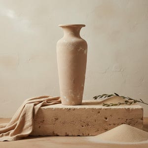 Può includere: Un vaso alto in ceramica beige con una superficie strutturata e una fascia decorativa vicino alla sommità. Il vaso è esposto su un blocco di pietra con un panno di lino drappeggiato e un rametto di verde.