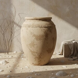 Pode incluir: Um grande vaso de barro bege de formato arredondado, com uma superfície texturizada e desgastada. O recipiente possui uma abertura larga e uma faixa decorativa horizontal com entalhes verticais ao redor da parte superior do corpo.