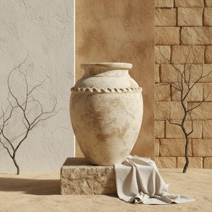 Op de afbeelding: Een grote, beige, getextureerde keramische urn met een brede opening en een decoratieve touwachtige band rond de hals. De vaas heeft een verweerde, gevlekte afwerking en staat op een rechthoekig stenen blok, gedeeltelijk bedekt met een witte doek.