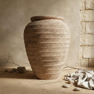 Può includere: Un grande vaso color beige terracotta con un bordo largo e arrotondato, caratterizzato da una serie di rilievi orizzontali che circondano il corpo. La superficie presenta una texture opaca e vissuta con sottili variazioni di tono.