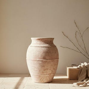 Puede incluir: Un jarrón grande de terracota de estilo antiguo, con una base ancha y un cuello más estrecho. El jarrón tiene una superficie texturizada y una banda decorativa de cuentas. El color cálido y terroso sugiere un estilo rústico. El jarrón mide unos 70 cm de alto.