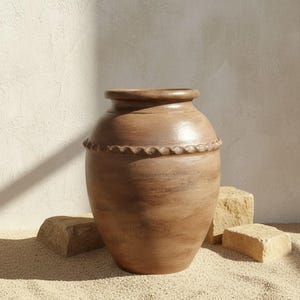 Pode incluir: Um vaso grande de cerâmica marrom com uma base larga e um pescoço estreito. O vaso tem uma faixa decorativa ondulada ao redor do meio. É exibido em uma superfície arenosa com várias pedras quadradas de cor bege. O fundo é uma parede neutra esbranquiçada.