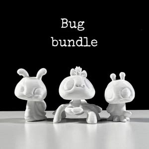 May include: A white 'Bug bundle' featuring three stylized bug figurines. The text 'Bug bundle' is above the figurines. The figurines have rounded bodies, antennae, and various leg and wing designs. The background is black, and the figurines are on a white surface.