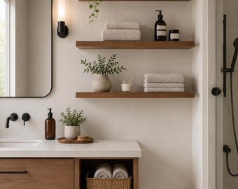 Estantes de baño de madera maciza, estante flotante para toallas, almacenamiento de baño montado en la pared, estante de baño de madera, estantes abiertos