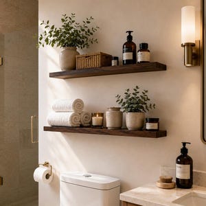 Massief houten badkamerplank, zwevende plank van eiken- en essenhout, wandplank met afgeronde randen, rustieke badkameropbergruimte, donker walnootkleurig decor