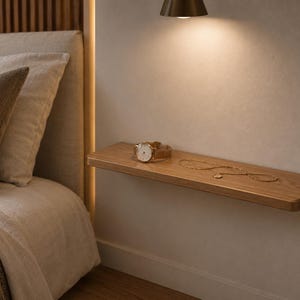 May include: A rectangular, light brown wooden floating shelf mounted on a wall. The shelf features rounded corners and a smooth grain finish. Resting on the surface are a gold-toned analogue wristwatch with a metal link band and a thin gold chain necklace.