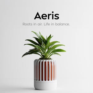 May include: A green leafy plant in a white cylindrical planter with vertical slats revealing a metallic orange interior. The text Aeris and Roots in air. Life in balance. is printed above the plant in a clean, black, sans-serif font.