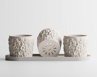Piccola Trio Planter Set with Tray – Modern Textured Succulent Pots | Minimalist Indoor Plant Decor