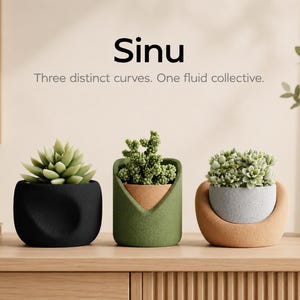 May include: Three contemporary succulent planters in black, green, and tan. The black planter has a unique curved design. The green planter has a triangular shape with a tan interior. The tan planter has a rounded shape with a grey interior. The word "Sinu" is at the top.