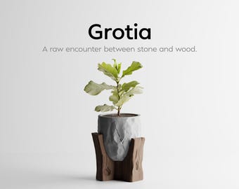 Modern Planter with Wooden Stand, Stone Texture Pot, Minimalist Indoor Planter, Handmade