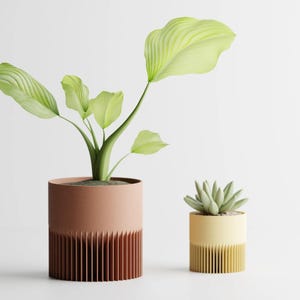 Può includere: Due vasi cilindrici con basi a coste verticali. Il vaso più grande è color terracotta con una pianta a foglie verdi, mentre il vaso più piccolo è giallo pallido e contiene una piccola succulenta. Entrambi i vasi hanno bordi lisci e basi strutturate.