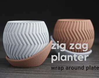 Modern Zig Zag Planter with Wrap Around Plate, Geometric Indoor Pot