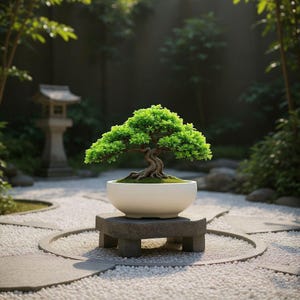 May include: A small bonsai tree with vibrant green leaves and a textured, gnarled brown trunk, planted in a smooth, round white ceramic pot. The pot rests on a low, rectangular stone pedestal with four short legs, positioned in a garden setting.
