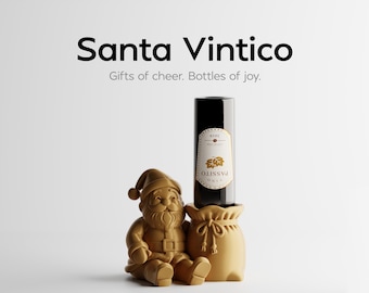 May include: A matte gold-colored Santa Claus figurine sitting next to a matching gift sack that holds a dark glass bottle with a white label reading Passito 2019. The text Santa Vintico and Gifts of cheer. Bottles of joy. appears above the objects.