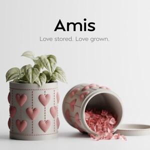 May include: A light grey cylindrical planter, decorated with pink heart-shaped appliqués, contains a green leafy plant. Next to it, a matching overturned container spills pink decorative stones. The word "Amis" is displayed above the text "Love stored. Love grown."