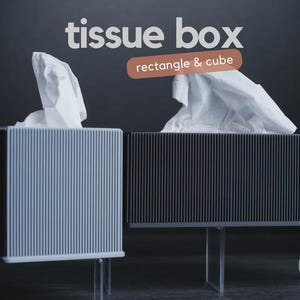May include: A light grey cube-shaped tissue box and a dark grey rectangular tissue box, both featuring vertical ribbed textures and clear acrylic stands. White tissues protrude from the top of each. Text reads tissue box rectangle & cube.
