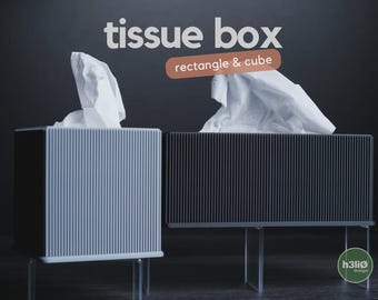 May include: A light gray cube-shaped tissue box and a dark gray rectangular tissue box, both featuring vertical ribbed textures and clear acrylic stands. White tissues protrude from the top of each. Text reads tissue box rectangle & cube.