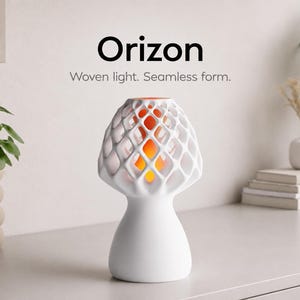 May include: A white, mushroom-shaped lamp with a lattice shade, emitting a warm orange glow. The lamp is labelled "Orizon" with the text "Woven light. Seamless form."