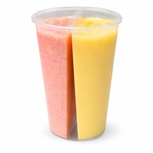 May include: A clear plastic cup divided into two sections, each filled with a different smoothie. One side is a pinkish-red color, and the other is a bright yellow. A straw is visible.