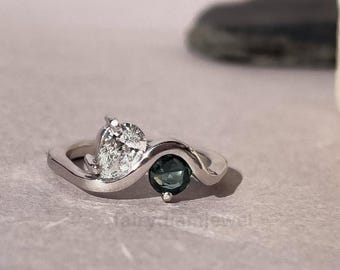 Pear Cut Moissanite Toi Et Moi Ring, Green Sapphire Wave Ring, White Gold Open Bypass Engagement Ring, Unique Promise Ring, Minimalist Ring