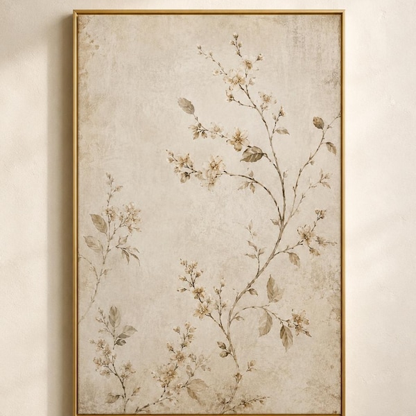 Vintage Botanical Wall Art Print, Neutral Floral Printable, Beige Cottagecore Decor, Elegant Digital Download