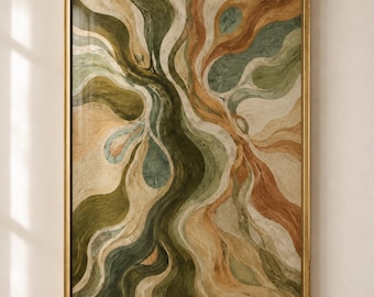 May include: A rectangular framed wall art piece featuring an abstract composition of flowing, organic shapes in shades of sage green, olive, cream, and terracotta. The artwork is enclosed in a thin, metallic gold frame with a textured finish.