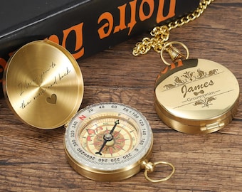 Engraved Gold Compass, Personalized Groomsmen Gift, Camping Hiking Fishing, Anniversary, Birthday Gift for Him