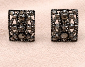 Monet Vintage | Bronskleurige marcasiet clipoorbellen | Rechthoekig filigraan | Art deco statement-oorbellen | Jaren 70