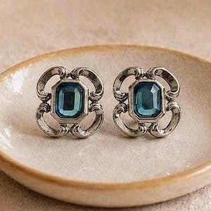 Vintage Blue Glass Stud Earrings | Silver Tone Art Nouveau Revival Earrings | Ornate Scroll Post Earrings