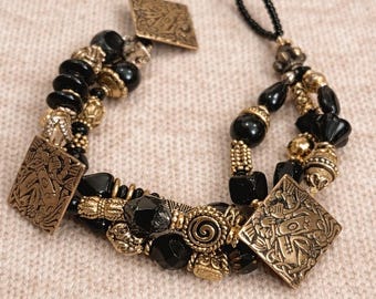 WG Vintage | Gold Tone Black Beaded Bracelet | Avant Garde Panel Bracelet | 1990s Abstract Statement Jewelry