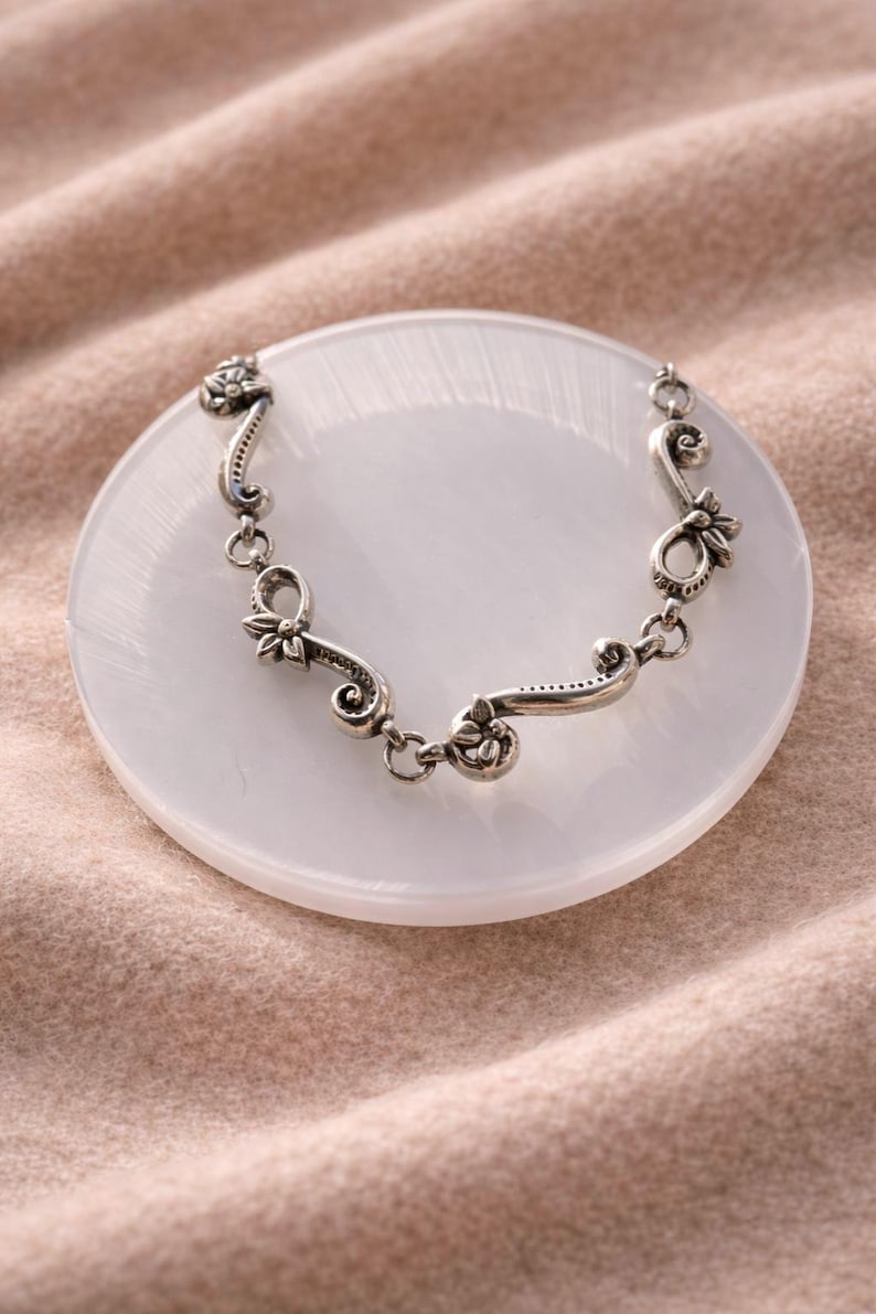 Brighton Silver Heart Bracelet | Vintage Scroll Floral Link Bracelet | Chunky Romantic Jewelry | 1990s Brighton image 1