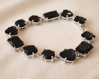 Vintage Monet Black Faceted Bracelet | Signed Silver Tone Geometric Link | 1980s