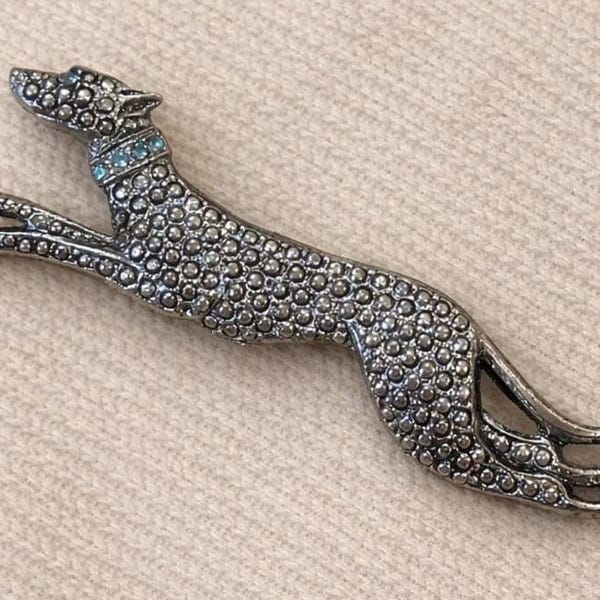 Vintage Greyhound Brooch | Silver Tone Dog Pin with Blue Rhinestone & Faux Marcasite | Whippet Figural Jewelry