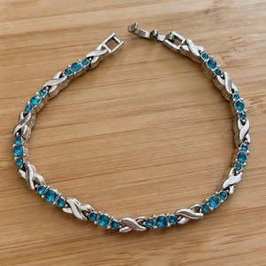 Vintage Silver Tone | Aqua Blue Rhinestone Tennis Bracelet | Crossover Links | 1990s