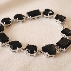 Vintage Monet Black Faceted Bracelet | Signed Silver Tone Geometric Link | 1980s