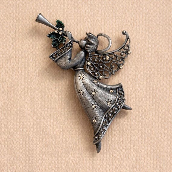 Vintage JJ Angel Brooch | Jonette Jewelry Pewter Christmas Angel Pin | Trumpet Angel Brooch | Guardian Angel Pin | Holiday Brooch