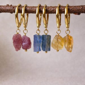 Raw Gemstone Earrings | Kyanite Pink Tourmaline Citrine | Gold Hoop Dangles | Upcycled Jewelry | Handmade