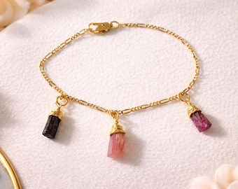Raw Tourmaline Bracelet | Pink Black Tourmaline Nugget Bracelet | Gold Wire Wrapped Bracelet | Dainty Gemstone Jewelry