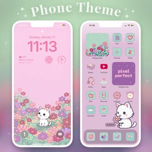 Puede incluir: Dos pantallas de smartphone que muestran un tema de teléfono rosa. Una muestra un gato en un campo de flores, la otra tiene iconos de aplicaciones y el texto "pixel perfect". El texto superior dice "Phone Theme".