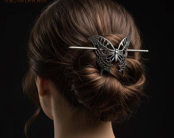 Silver Butterfly Hair Pin | Gothic Hair Stick, Gift for Her, Festival Accessory, Fantasy LARP